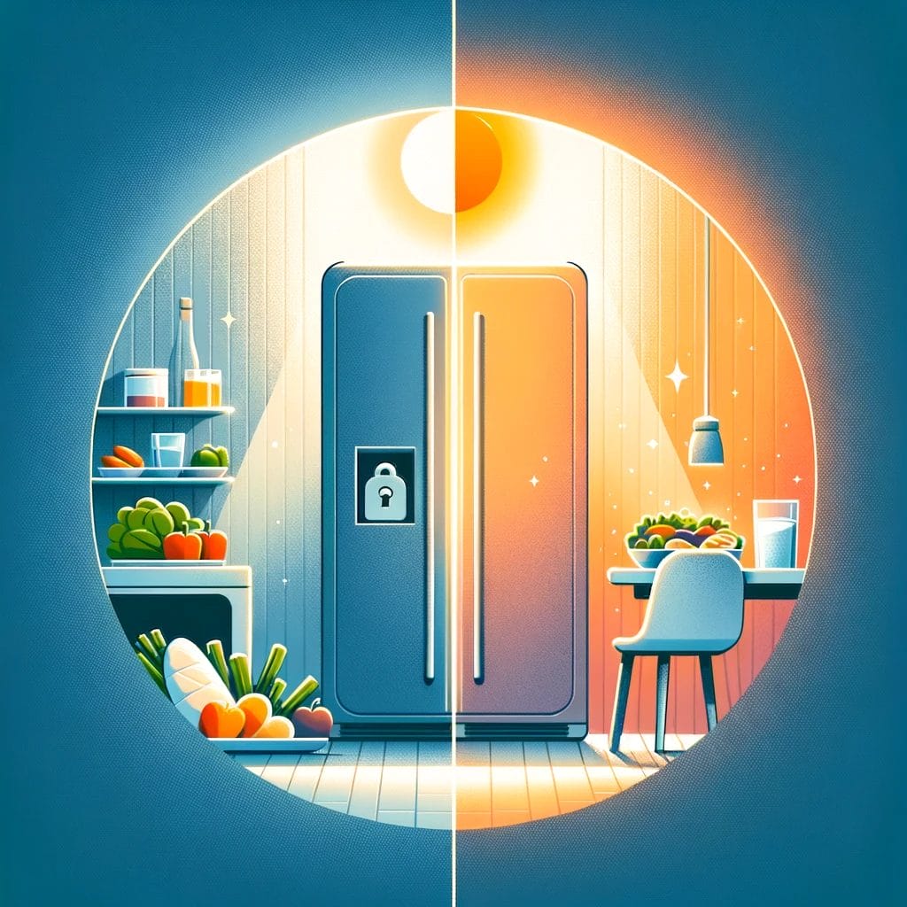 Stylized illustration of an open, well-stocked refrigerator.